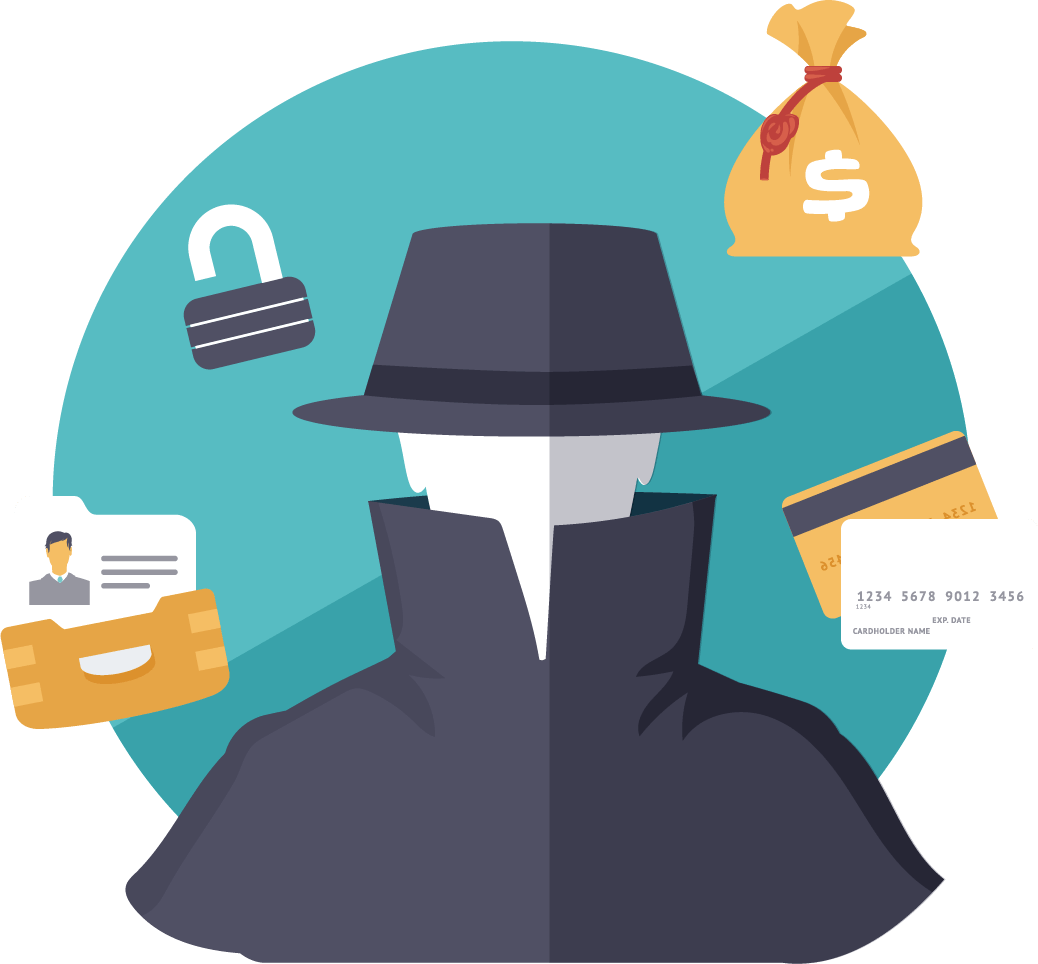 illustration of a suspicious looking figure with a money bag, credit cards, ID cards, and an unlocked padlock. illustration of a suspicious looking figure with a money bag, credit cards, ID cards, and an unlocked padlock.