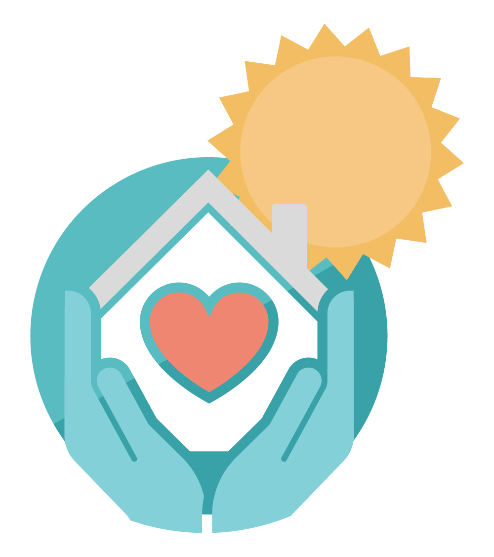 Stylized illustration of a home with a heart in the center and hands holding it. Stylized illustration of a home with a heart in the center and hands holding it.